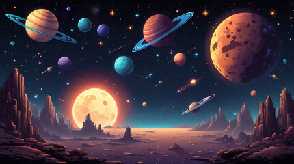 Illustration of a pixel art space background with stars, planets, and distant galaxies, suitable for space shooter or exploration games.

