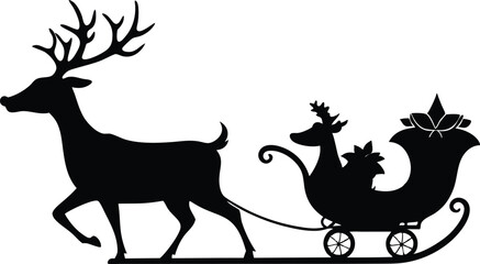 Santa Claus is flying in sleigh with Christmas reindeer. Silhouette of Santa Claus, sleigh with Christmas presents and reindeer