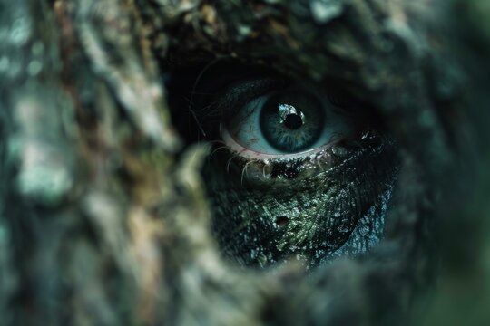 Soldier blending in with nature observing enemy during special operation