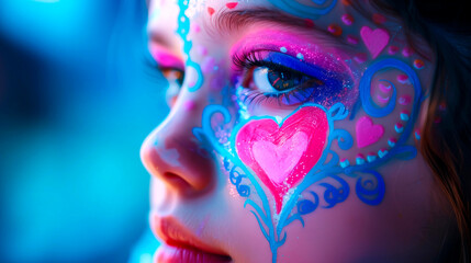 Fototapeta premium A young girl is given fantastic artistic face painting with a brush in gold and blue colors. Hyper-realistic photo, high quality.