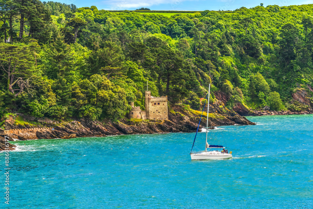 Wall mural colorful kingswear castle white sailboat dartmouth devon england