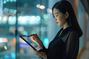 Professional Photography of young Asian CEO analyzing market trends on a tablet, Generative AI