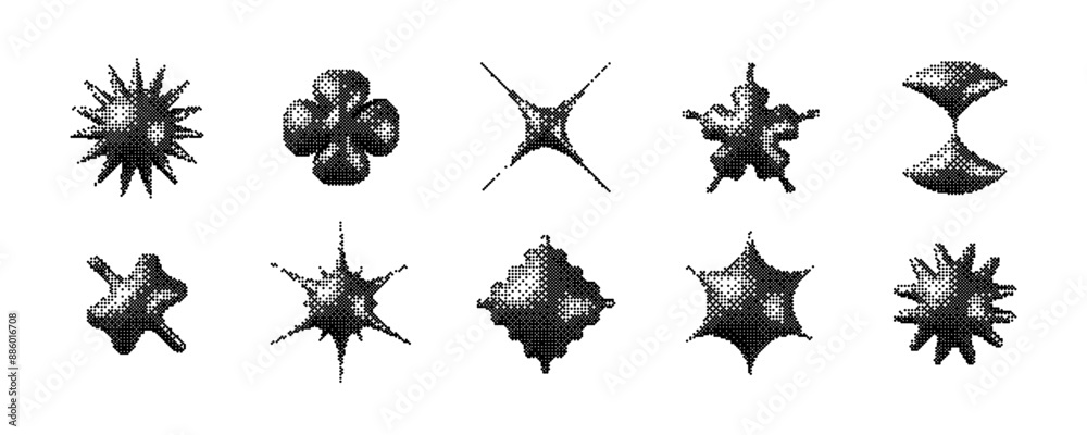 Poster black pixelated 3d y2k shape set. bitmap stars, flowers, sparkles element collection. retro 8 bit st