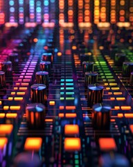 Obraz premium Close-up of colorful audio mixing board with knobs and lights.
