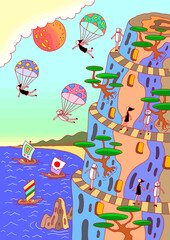 SFファンタジーイラスト - 浜辺・山・山道・松・絶景・登山者