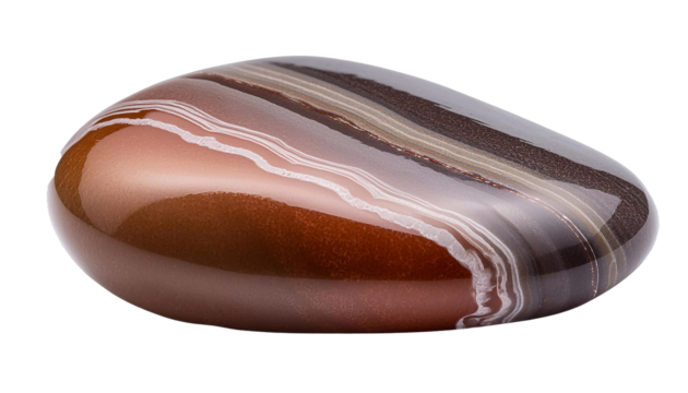 Close up of a glossy, banded agate with a translucent look against a gradient backdrop