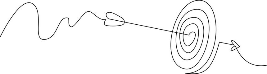 Target with arrow continuous line drawing. Hand drawn linear goal circle. Vector illustration isolated on white.