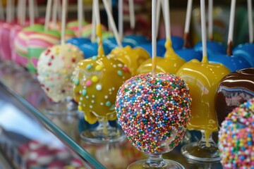 Candy apples dipped in caramel, chocolate and brightly colored sprinkles are displayed on a glass countertop