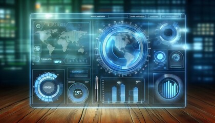 Fototapeta premium Digital video camera and camera lens amidst technology, digital design, internet business, web button, and futuristic concept, with blue light and global data control