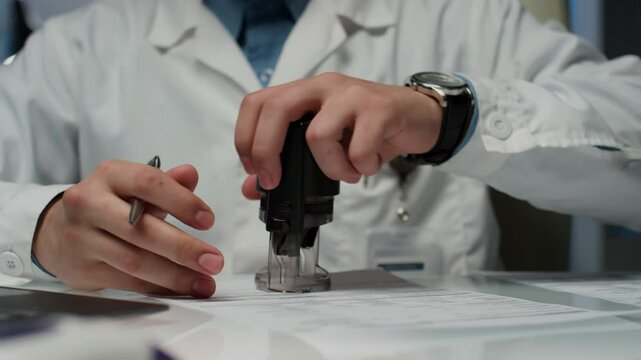 Cropped closeup of male unrecognizable doctor in lab coat signing and sealing medical documents while working at table in modern clinic