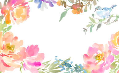 Watercolor Abstract Colorful Roses, blue bird and Wildflowers Background Illustration. Watercolor Botanical Frame Design.