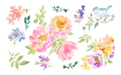 Vector illustration set of abstract pink, purple, orange and blue wildflowers and a blue bird painted in watercolor. Watercolor Botanical Illustration Set for invitation card.