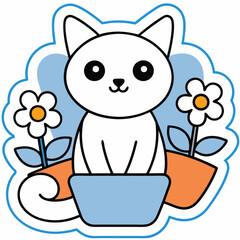 A cute cat sitting by the window surrounded with flowers in a pot, on a white background