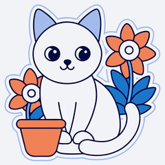 A cute cat sitting by the window surrounded with flowers in a pot, on a white background
