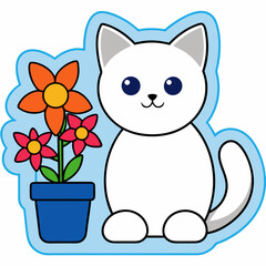 A cute cat sitting by the window surrounded with flowers in a pot, on a white background