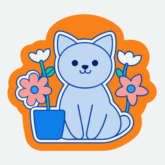 A cute cat sitting by the window surrounded with flowers in a pot, on a white background