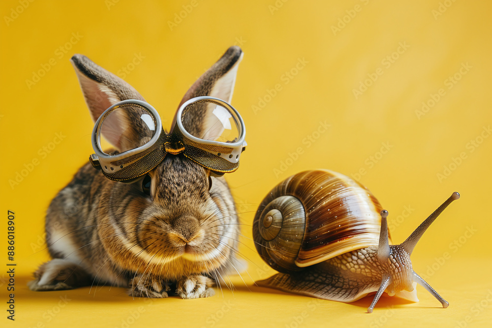 Wall mural snail and a rabbit wearing run glasses