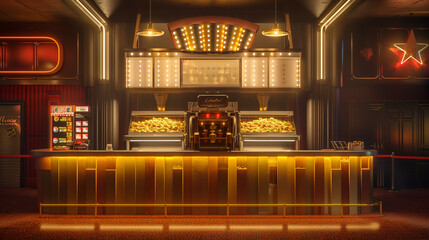 Luxurious Vintage Cinema Concession Stand with Bright Neon Lights and Retro Popcorn Machine, Capturing the Glamour and Nostalgia of Classic Movie Theaters
