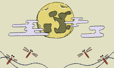 ベージュのお月見の背景イラスト、とんぼとともに。ペン画風の手描きタッチ。　月にはうさぎの影。模様付き。 © chockwhooll