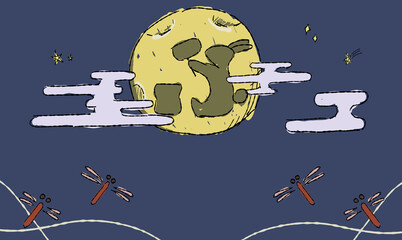 星空のお月見背景イラスト、とんぼとともに。ペン画風の手描きタッチ。　月にはうさぎの影。　模様付き。 © chockwhooll