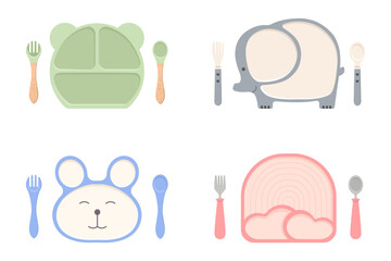 Set of children's silicone dishes. Feeding the baby. Vector flat illustration.
