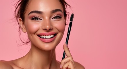 Obraz premium A young girl has applied mascara to her eyelashes and is happy to look at the camera Makeup concept.