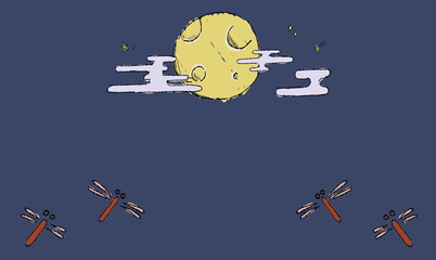 星空のお月見背景イラスト、とんぼとともに。ペン画風の手描きタッチ。 © chockwhooll