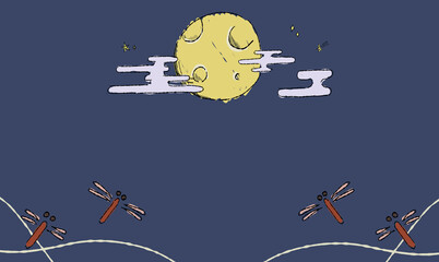 星空のお月見背景イラスト、とんぼとともに。ペン画風の手描きタッチ。　模様付き。 © chockwhooll