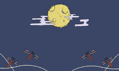 夜空のお月見背景イラスト、とんぼとともに。ペン画風の手描きタッチ。模様付き。 © chockwhooll