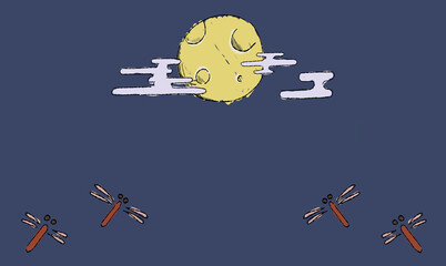 夜空のお月見背景イラスト、とんぼとともに。ペン画風の手描きタッチ。 © chockwhooll