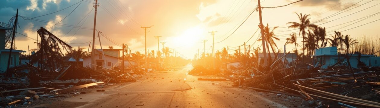 Sunrise over a devastated street with fallen power lines and debris after a natural disaster.