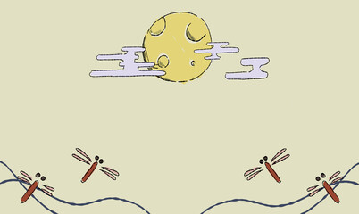 ベージュのお月見の背景イラスト、とんぼとともに。ペン画風の手描きタッチ。模様付き。