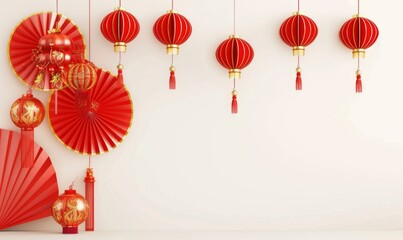 Chinese New Year background with traditional red and gold paper cut fans, Chinese firecrackers