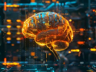 Futuristic digital brain concept with glowing lights.