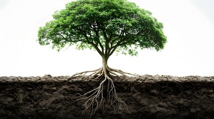 A small tree with a full canopy grows in the forest with its roots exposed in the brown soil