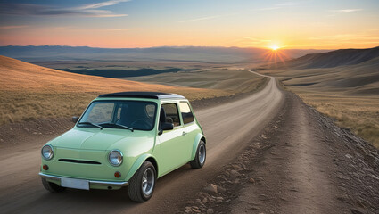 A small pastel-colored car was on display. A dirt road in a valley with beautiful scenery