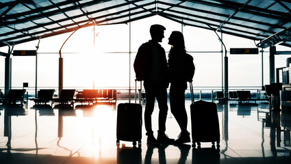 Silhouette of a couple at the airport about to leave for their honeymoon.