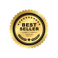 Best seller sticker label, gold badge with Stars and Golden laurel wreath Decoration ,Premium Quality text product, for use to book cover label or your product the Best ,vector isolated on white