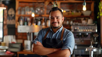 A man wearing a denim shirt and apron stands behind the counter in a coffee shop with his arms crossed, smiling warmly