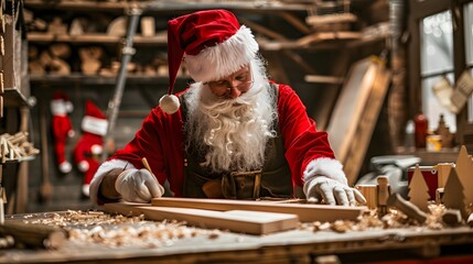 Santa is in a wood shop making toys for Christmas. He's in his red suit, marking wood with a pencil