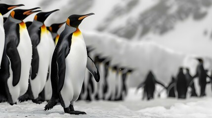 Fototapeta premium King penguin navigating through a group of penguins