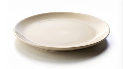 Empty ceramic round plate isolated on pristine white background with subtle shadows and soft diffused light highlighting its curvature.