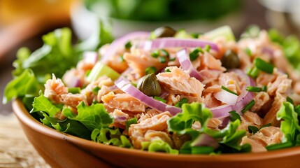 Vibrant Mediterranean-Inspired Tuna Salad, A Nutrient-Rich Fusion of Omega-3s, Crisp Vegetables, and Zesty Capers for Wholesome Living.