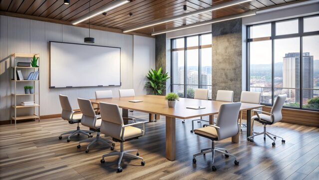 Empty modern conference room with a large whiteboard covered in colorful sticky notes, markers, and a scattered charts.