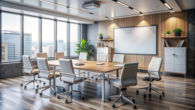 Empty modern conference room with a large whiteboard covered in colorful sticky notes, markers, and a scattered charts.