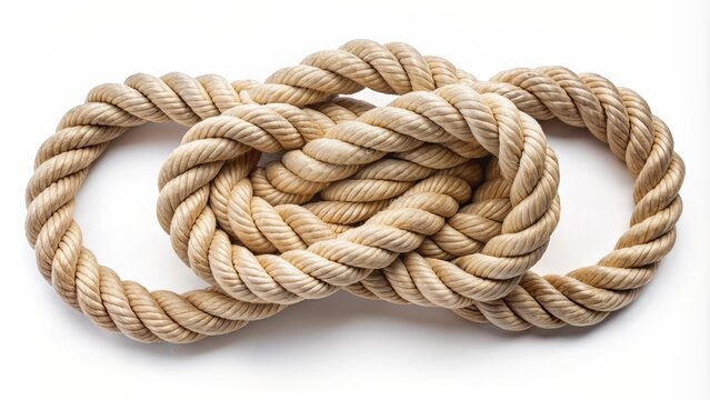 Coiled ship rope knot with intricate loops and twists isolated on a clean white background, highlighting nautical theme details.