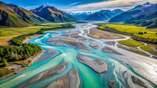 Serenity abounds in a majestic landscape of turquoise waters, meandering streams, and lush greenery of New Zealand's iconic braided river system.