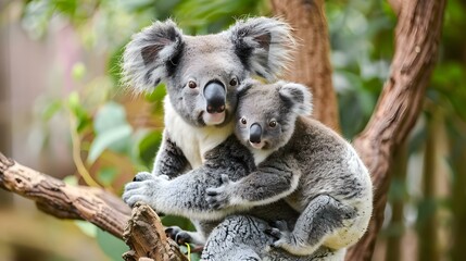 Mother koala with baby on her back