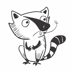 A raccoon with a black mask on its face, typical raccoon whiskers on its face, and a black and white tail vector art illustration