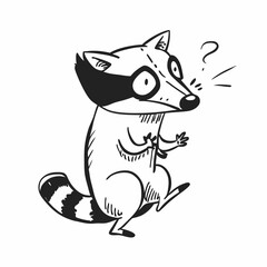A raccoon with a black mask on its face, typical raccoon whiskers on its face, and a black and white tail vector art illustration